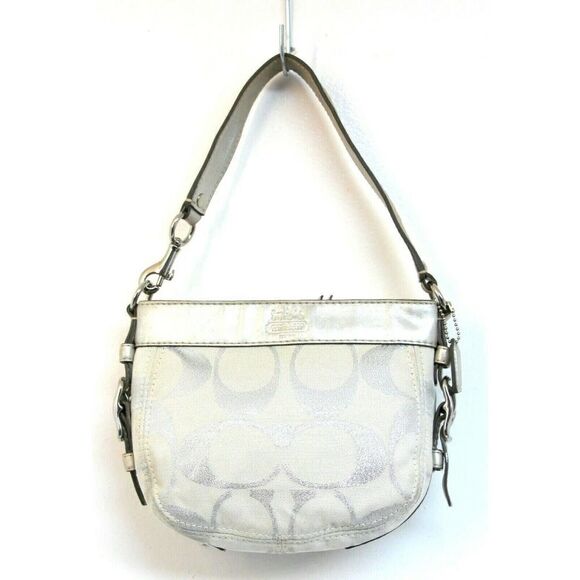 COACH LIGHT SILVER GRAY SIGNATURE CANVAS LEATHER TOTE SHOULDER BAG HANDBAG PURSE - Picture 1 of 11